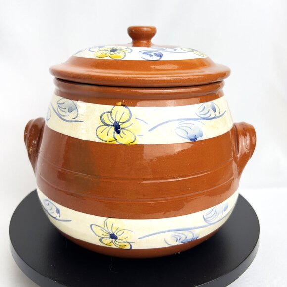 Hand-Painted Vintage Terracotta Pot with Lid Floral Bands Made in Portugal - Picture 9 of 9
